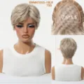 Detail view of the blonde short synthetic wig, showing cap construction and 8 inch length. - Granny Light Gold