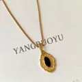 Vintage 18K vergoldete edelstahl halskette mit schwarzem stein elegante damen schmuck - Boxkette mit Vintage Schwarzem Ovalem Anhänger