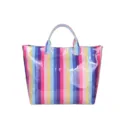 Borsa tote a righe colorate con finitura lucida e doppi manici per acquisti quotidiani. - Blu