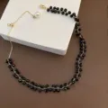 Schwarze Künstliche Perle Strass Halskette (05-D2)