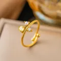 Green White Artificial Pearl Rhinestone Ring (QZJZF4510) / Gold
