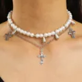 Antique Silver Double Layer Cross Pearl Style (古白K 4166)