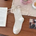 Lace Bow Cartoon Cat Mid-Tube Socks / Cream