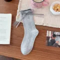 Lace Bow Cartoon Cat Mid-Tube Socks / Light Gray