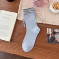 Lace Bow Cartoon Cat Mid-Tube Socks / Light Blue