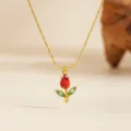 Halskette / Roter Strass Grünes Blatt Tulpenkette - Gold