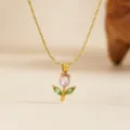 Halskette / Rosa Strass Grünes Blatt Tulpenkette - Gold