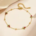 Roter Strass Grünes Blatt Tulpen-Fußkettchen - Gold