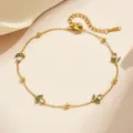 Weißer Strass Grünes Blatt Tulpen-Fußkettchen - Gold