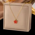 Doppelseitige Fünfblatt-Kleeblatt-Halskette (X063) / Rot / Gold
