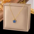 Doppelseitige Fünfblatt-Kleeblatt-Halskette (X065) / Blau / Gold