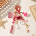 Pink and red crystal bead bag charm keychain with flamingo, playing card, dice and gold-tone accents - Red Wine Glass Flamingo Style (ZJ16469)