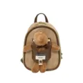 Mini backpack in tan suede-look fabric with dark brown trim and a plush teddy bear charm - Khaki