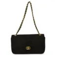 Black quilted suede-look flap shoulder bag with gold-tone chain strap and double-ring clasp - Black