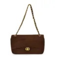 Brown suede-look shoulder bag with quilted flap, gold chain strap and double-ring clasp - Coffee