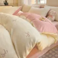 Embroidered milk velvet four-piece bedding set with "hui xuan" bow - creamy white/pink