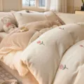 Embroidered milk velvet four-piece bedding set - "painted sun" floral design - creamy white/coffee