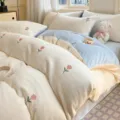 Embroidered milk velvet four-piece bedding set - "hui xuan" small floral design - creamy white & blue