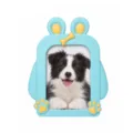 Blue cartoon pet photo frame with yellow bone and paw print accents, shown with a dog photo - Blue-Puppy Style / 3 Inch