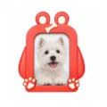 Red plastic cartoon dog photo frame with bone and paw details, showing a West Highland terrier - Red-Puppy Style