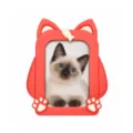 Red cat-shaped photo frame with an upright photo slot, white paw prints and playful accents - Red-Kitten Style