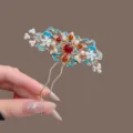 Blue enamel Chinese-style U-shaped hairpin with gold-tone metal, faux pearls and red beads - Vintage Enamel Red Pearl U-Shaped Hair Stick