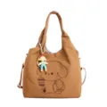 Sac cabas en toile marron avec chien brodé, motif café et petit pendentif poupée suspendu - Marron