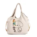 Sac cabas en toile crème avec chien brodé, pendentif poupée et chaîne de perles décorative - Sac Seul / Blanc