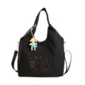 Sac noir en nylon à porter à l’épaule ou à la main, avec chien brodé, tasse de café et breloque colorée - Sac Seul / Noir