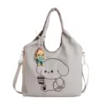 Sac cabas bandoulière en nylon gris clair, avec chien brodé brun et breloque perlée - Sac Seul / Gris