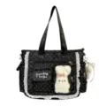Sac cabas noir à pois blancs, style anime, dentelle, poche transparente et lapin en peluche - Sac Uniquement (Sans Décoration) / Noir