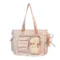 Sac cabas rose à pois, bordure en dentelle, poches frontales, pendentif lapin en peluche et nœud - Sac Uniquement (Sans Décoration) / Rose