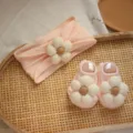 Light Pink Jacquard Headband + Beige Flower + Light Pink Boat Socks