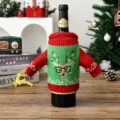 Funda de punto para botella de vino tipo suéter - Estilo alce / 17x10.5cm / Rojo y Verde
