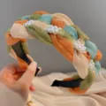 Colorful Mesh Braided Headband with Artificial Pearls