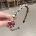 One Large Three Small Artificial Pearls Black Gold Headband