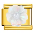 Witte Irisierende Vijfbladsbloem Met Kunstparel En Gouden Rand Stijl (ICJ188-2)