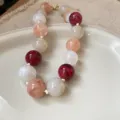 Rose Pink Toned Marble Bead Necklace / 24mm / Rose Red-Pink-Transparent