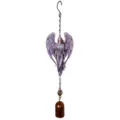 Close-up view of a purple-winged angel ornament with a white robe, hanging chain, and bronze bell - Bubble Bag Packaging / Angel Purple (Bell Style)
