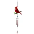 Cardenal rojo posado en una rama sobre tubos sonoros color cobre y un colgante en forma de hoja - Estilo Tubo Aluminio de Pie