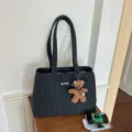 Navy and gray plaid tote bag with long shoulder straps, MUTING embroidery, and a teddy bear charm - 36x15x25cm Without Pendant / Green