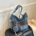 Blue and charcoal patchwork denim shoulder tote with multiple pockets and a detachable coin pouch - 42*11*34 / Light Blue