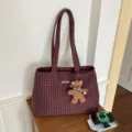 Burgundy plaid tote bag with dual handles, MUTING embroidery, and a small teddy bear charm - 36x15x25cm Without Pendant / Red