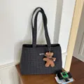 Dark gray plaid tote shoulder bag with twin handles, MUTING lettering, and a brown teddy bear charm - 36x15x25cm Without Pendant / Black