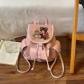 Pink casual backpack with adjustable straps, teddy bear appliqués, and a red-and-white bow - 22*12*24cm / Pink