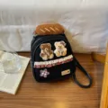 Black mini backpack with teddy bear patches, plaid trim, lace edging and a plush bread charm - Black Bear Backpack / 19*10*20cm / Black