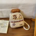 Cream faux-leather mini backpack with teddy bear appliqués, plaid lace trim, and plush bread charm - Off-white Bear Backpack / 19*10*20cm / Off White