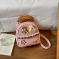 Pink mini convertible backpack with teddy patches, plaid bow, star appliqué and bread-shaped charm - Pink Bear Backpack / 19*10*20cm / Pink