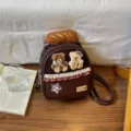 Small brown faux-leather backpack with teddy bear patches, bread plush charm, lace and plaid trim - Coffee Bear Backpack / 19*10*20cm / Coffee