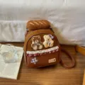 Small brown faux-leather and suede backpack with teddy bear patches, plaid trim and star detail - Brown